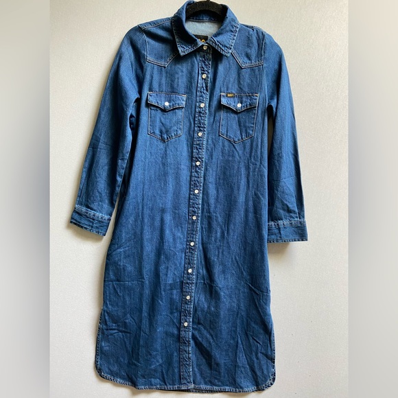 Lee vintage modern snap button jean midi dress with pockets Sz xs - Picture 1 of 13